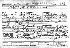 Ancestry.com, "Michigan Passenger and Crew Lists, 1903-1965," database on-line, Ancestry.com (www.ancestry.com : accessed 7 Jan 2019), entry for Christine Martyn, arriving 22 Aug 1928; citing National Archives and Records Administration (NARA), Washington, D.C; Manifests of Alien Arrivals at Port Huron, Michigan, February 1902-December 1954; Record Group: 85, Records of the Immigration and Naturalization Service; Microfilm Serial: A3441; Microfilm Roll: 6