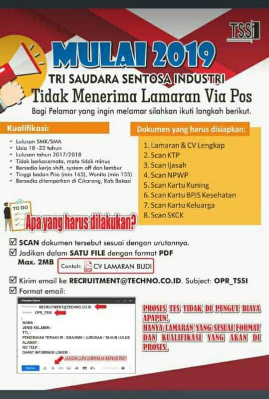 Loker Via Email PT Tri Saudara Sentosa Industri (TSSI
