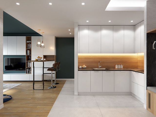 L shaped kitchen with dining bar