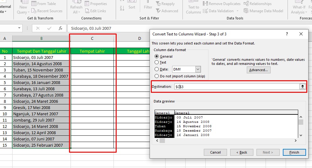 Cara Memisahkan Tempat Tanggal Lahir di Excel