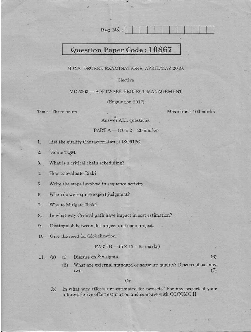 Anna University MC 5003SOFTWARE PROJECT MANAGEMENT APRIL/MAY 2019