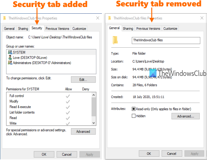 добавить или удалить вкладку безопасности в windows 10