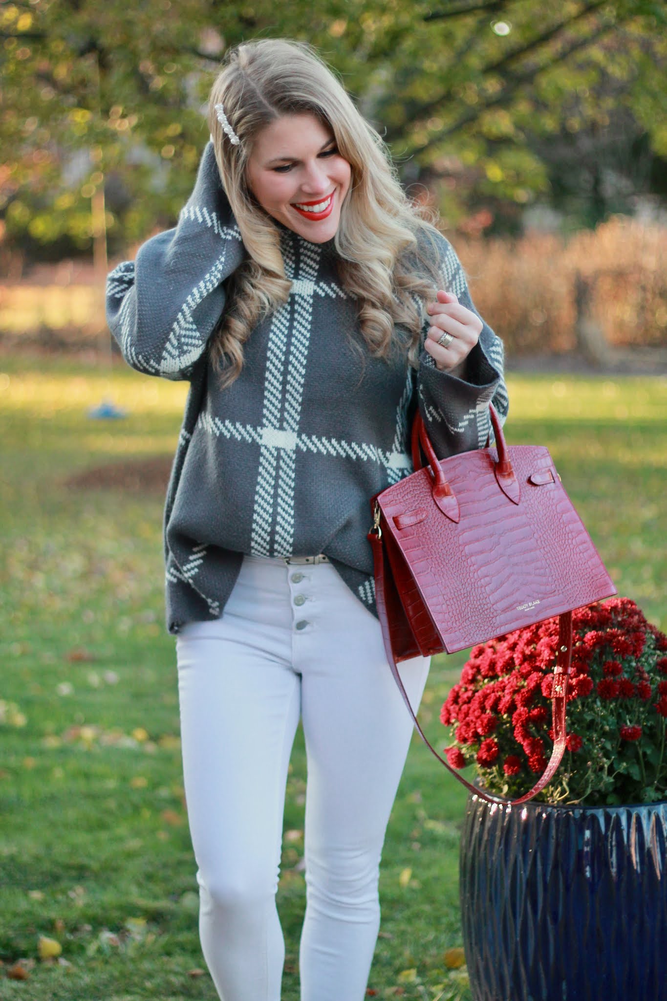 Why You Need a Statement Bag for Winter statement bag for winter, teddy blake review, red crocodile bag, white jeans, grey windowpane sweater, white mules
