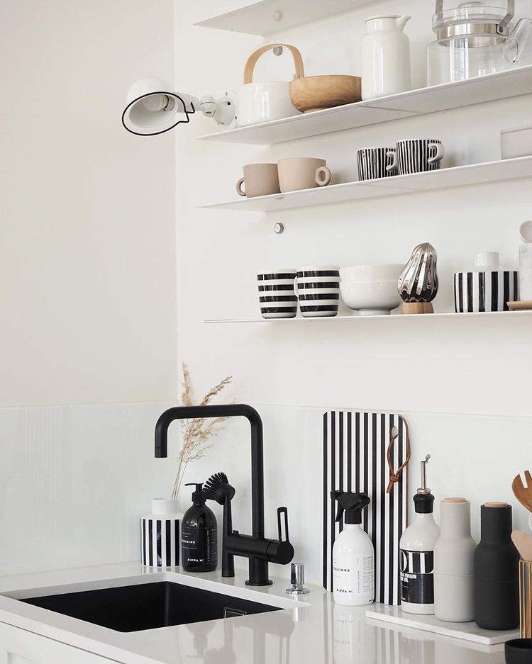 Open kitchen shelves styling inspiration. scandinavian kitchen decor, photo and styling by Sini of Sliik blog