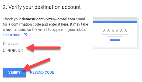 Verify Your Destination Account Screenshot