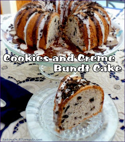 Cookies and Crème Bundt Cake is a moist cake that starts with a mix, adds in cookies and crème flavors and cookie chunks, then is double drizzled and topped with more cookie crumbs. | Recipe developed by www.BakingInATornado.com | #recipe #cake