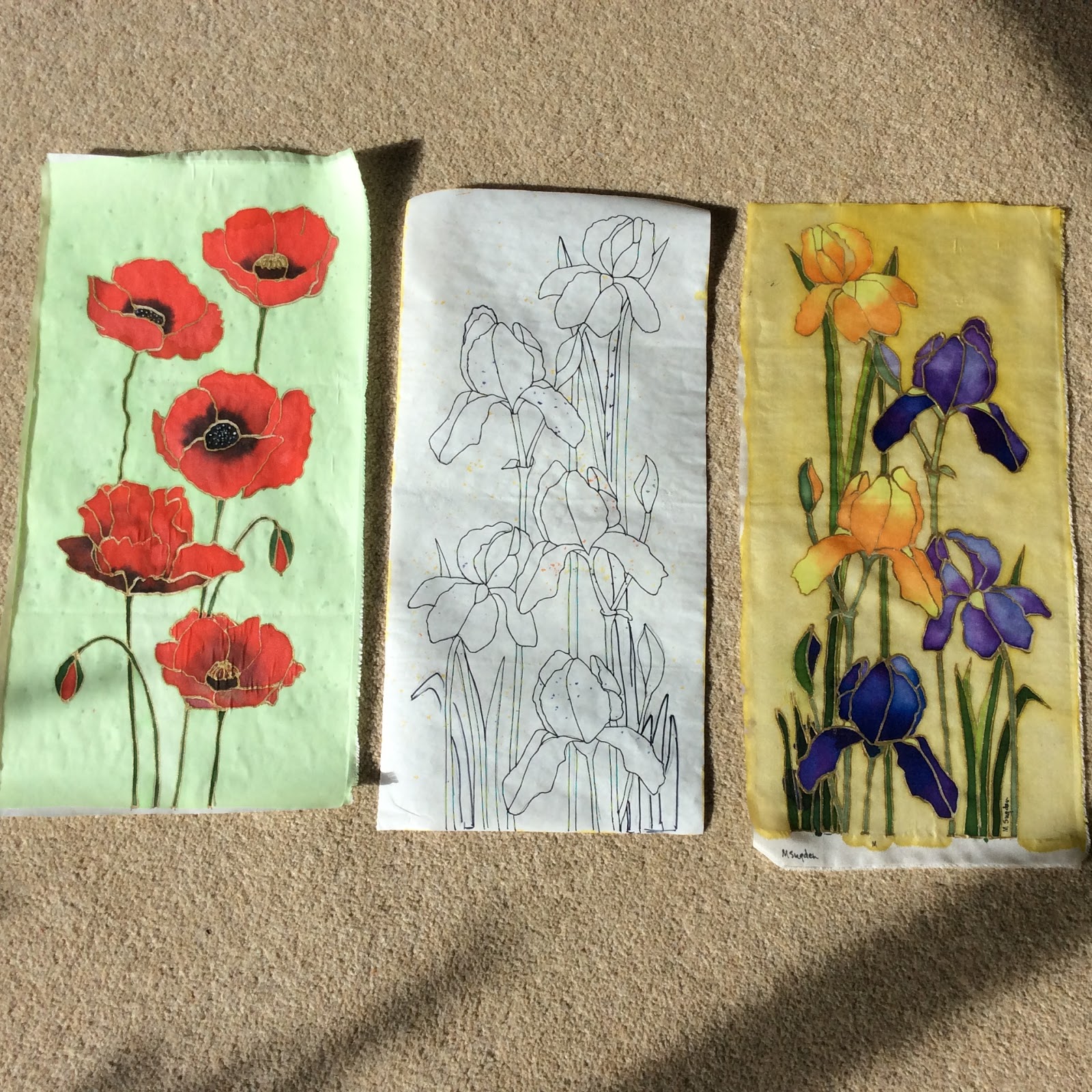 Wool n Art Iris and poppy silk painting in progress