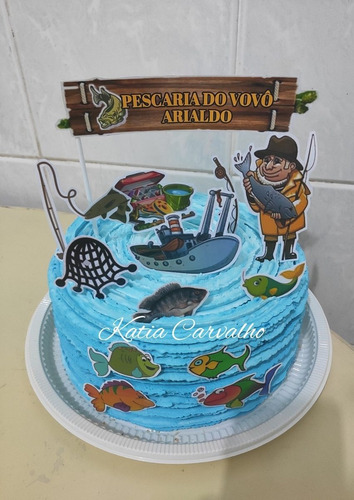 1 Kit Topo De Bolo Personalizado - Masculino Pesca/ Pescador