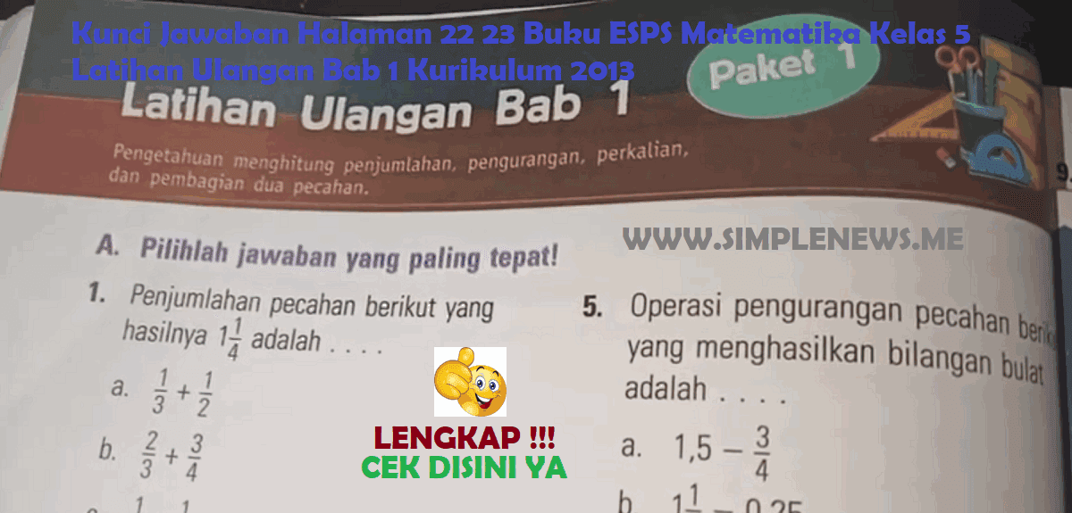 Kunci Jawaban Halaman 22 23 Buku ESPS Matematika Kelas 5 Latihan Ulangan Bab 1 Kurikulum 2013 www.simplenews.me