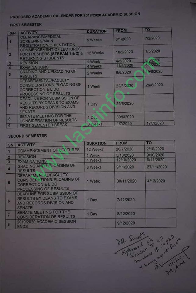 LASU Academic Calendar Schedule 2019/2020 [APPROVED]