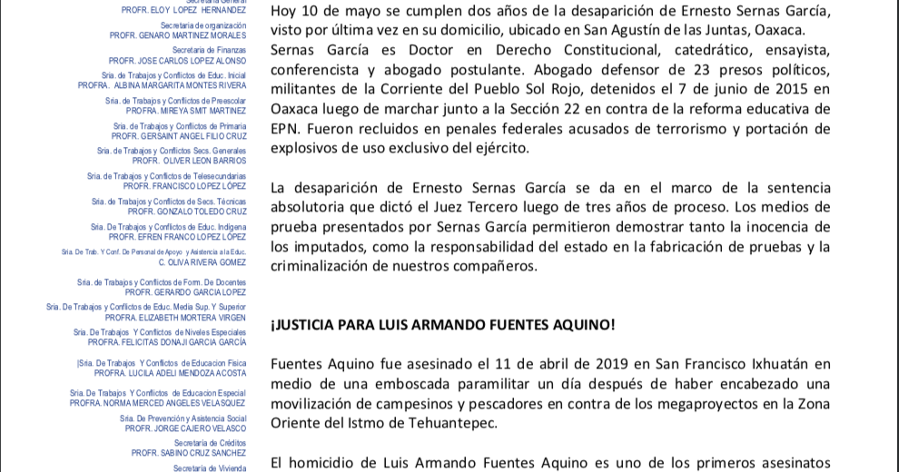 SECCIÓN XXII SE PRONUNCIA POR LA PRESENTACIÓN CON VIDA DEL DR. ERNESTO