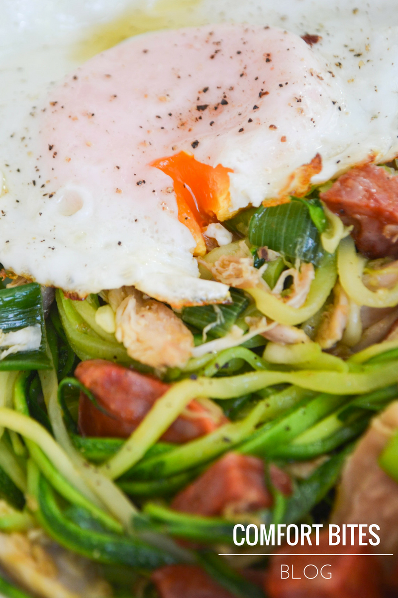 COMFORT BITES BLOG Zucchini Noodles with Chicken, Chorizo and a Fried Egg