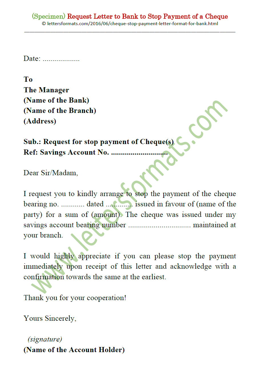 bank letter format for stop payment of cheque