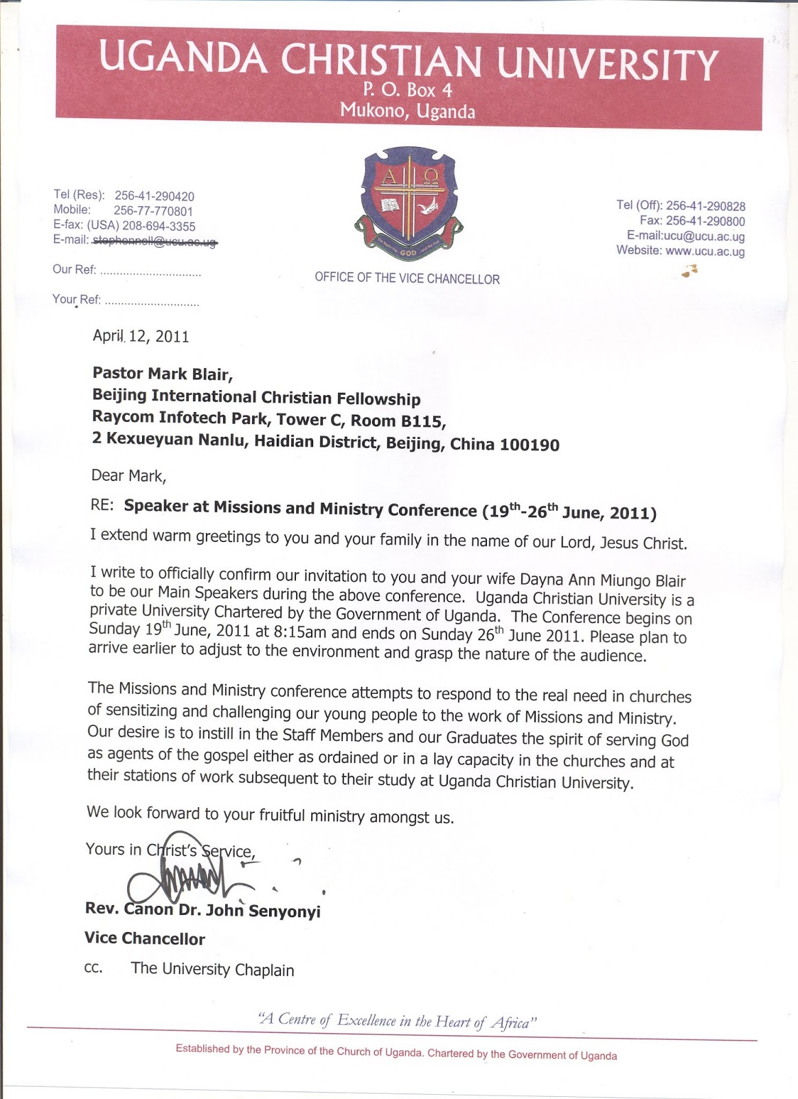 Mark & Dayna's Blog Invitation to Uganda Christian University