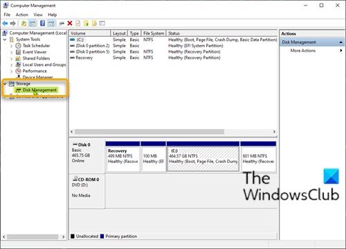 コンピュータの管理コンソールからディスクの管理を開く