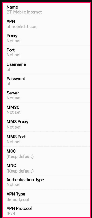 BT Mobile APN settings