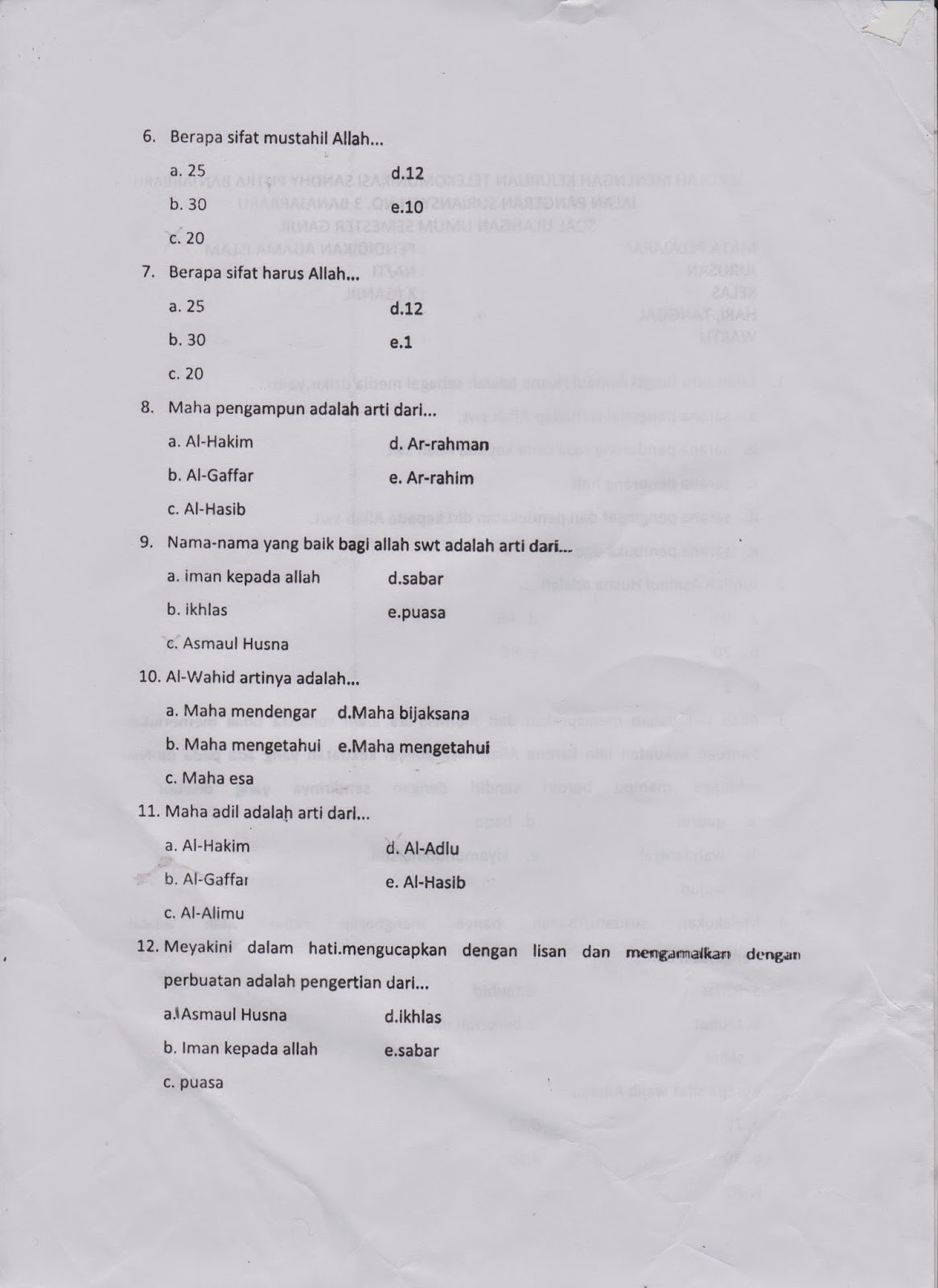 Soal Ulangan Pendidikan Agama Islam Semester Ganjil Kelas