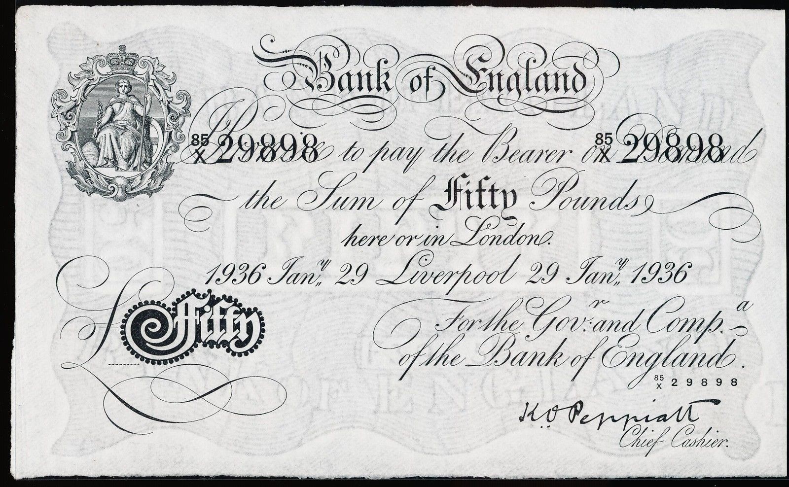 Great Britain 50 Pound Sterling White Note 1936 Bank of EnglandWorld