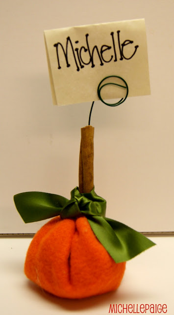Pumpkin place cards made from Dollar Store supplies.  No sew!