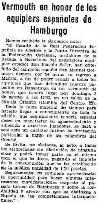 Recorte de Mundo Deportivo del 3 de agosto de 1930 sobre el vermut homenaje a los ajedrecistas españoles participantes en la III Olimpíada de Ajedrez