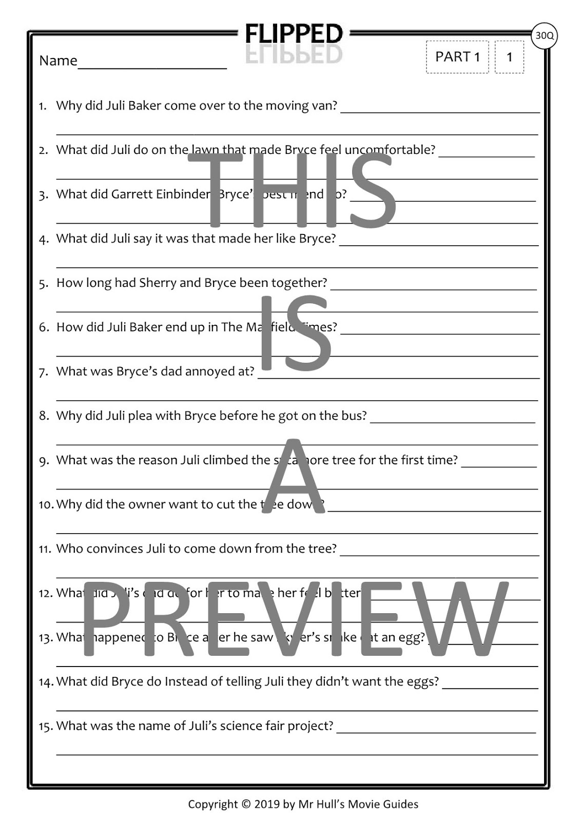 Flipped Movie Guide + Writing Activities Answer Keys Included Movie
