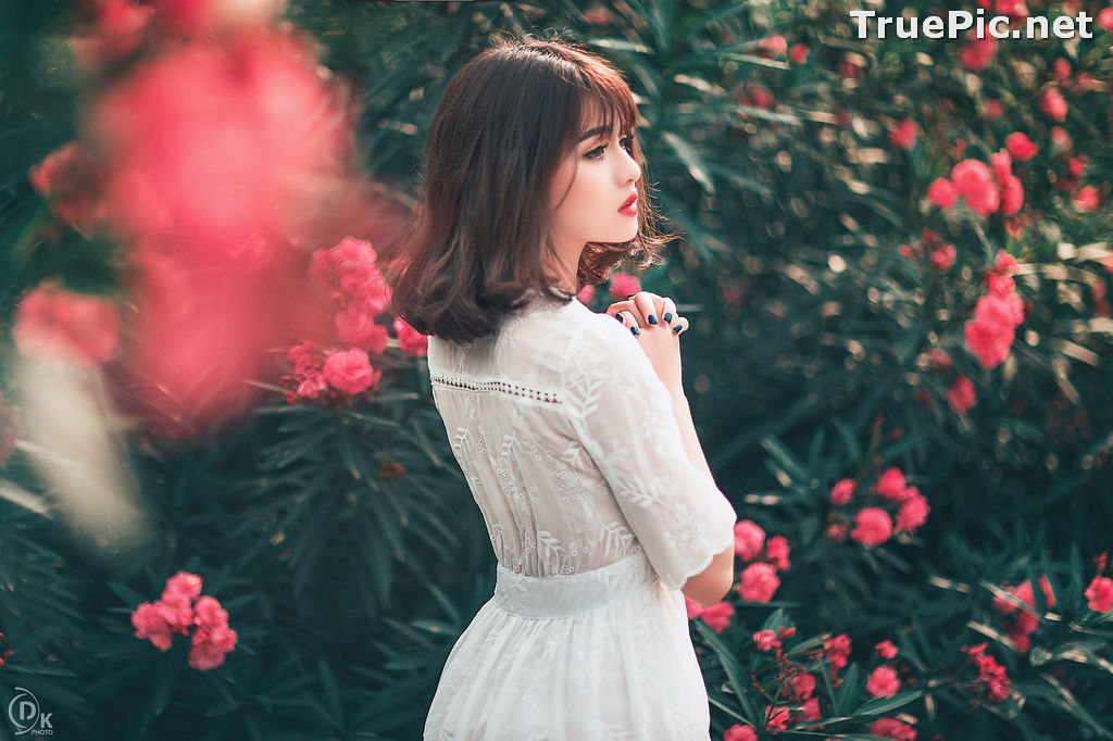 Vietnamese Model - Young Pretty Girl in White Dress and Flower Fence