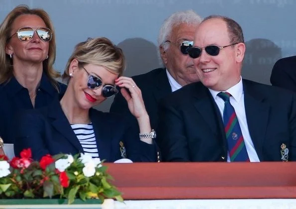 Prince Albert II, Princess Charlene and Pierre Casiraghi at the Monte-Carlo Sporting Club for Spain's Rafael Nadal tennis match. JIMMY CHOO pumps