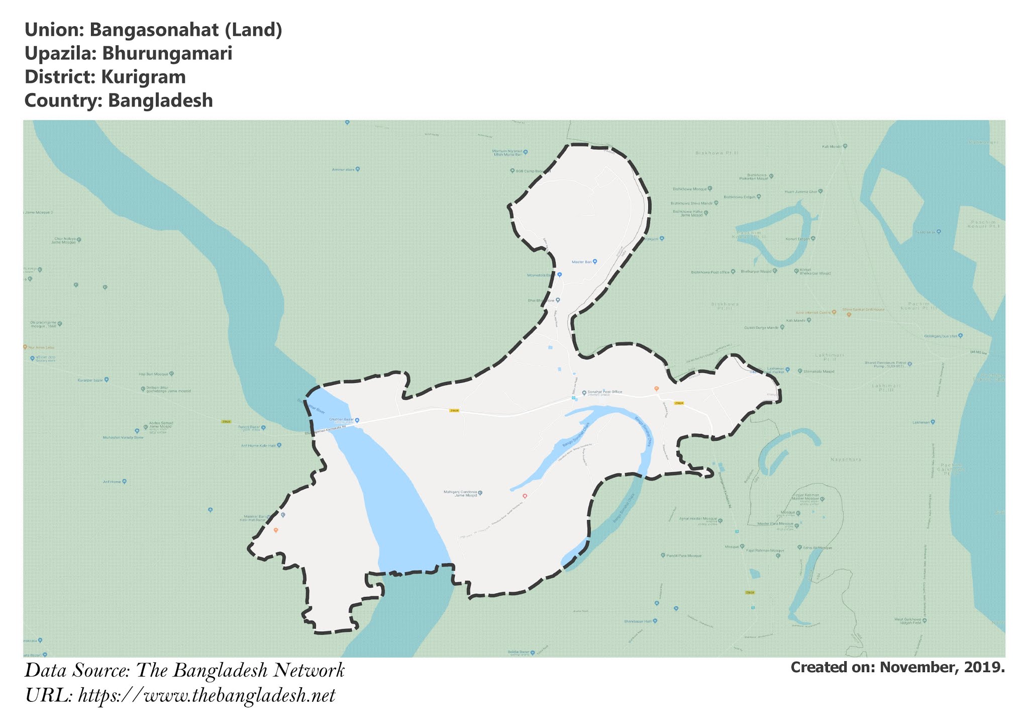 Map of Bangasonahat of Kurigram, Bangladesh.
