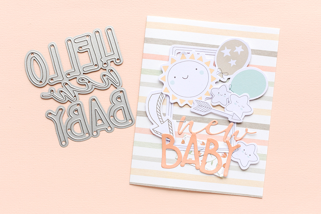 Hello new Baby die Moda Scrap Card for new baby Sandra Dietrich Hello New Baby die and a new baby card with fun die-cuts by Moda Scrap Mojosanti Sandra Dietrich