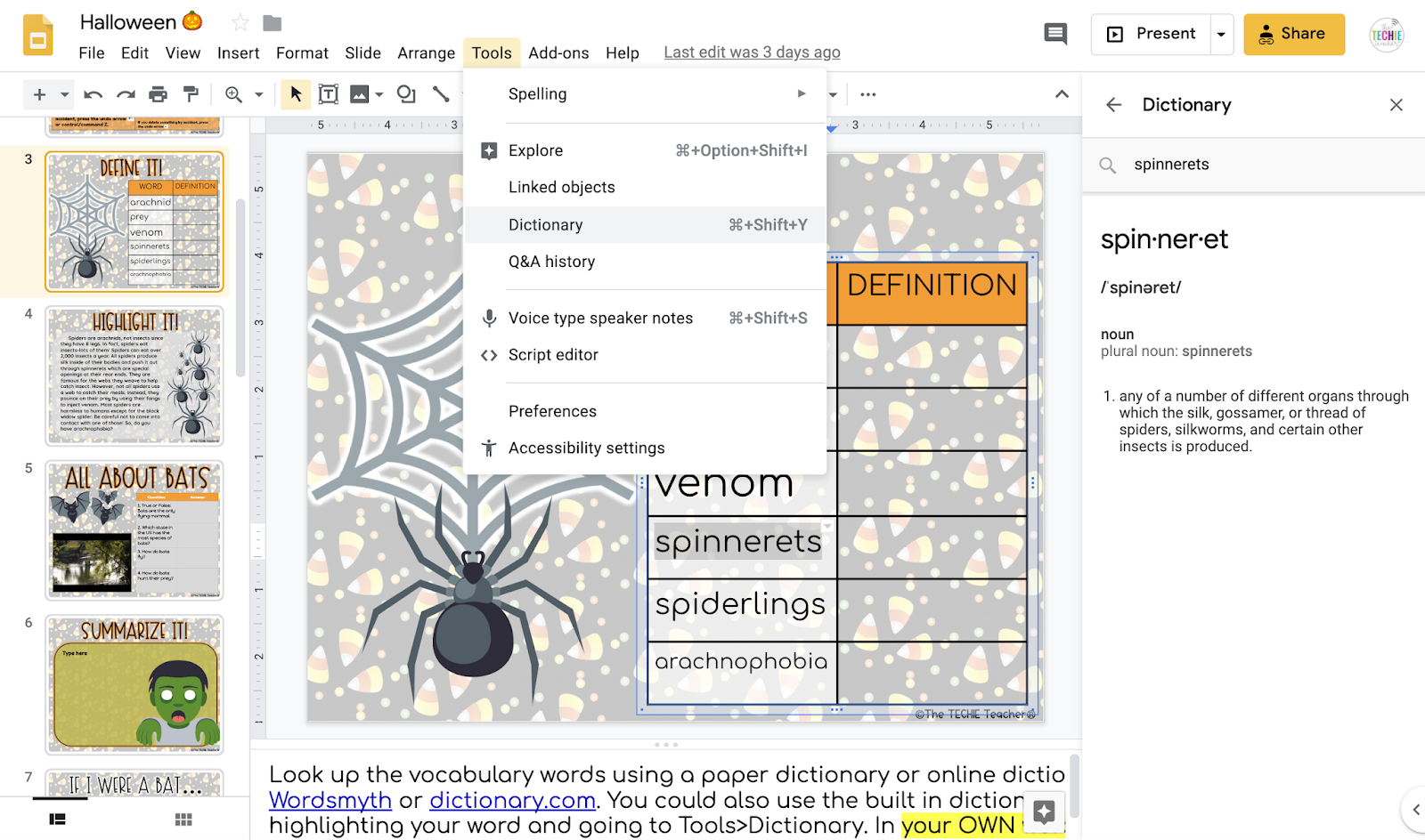 How to quickly find definitions of words in Google Drive using the built in dictionary. Simply highlight your word>go to Tools> go to Dictionary.