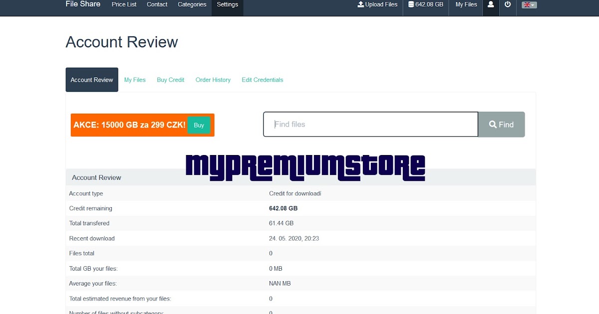 FILE SHARE Premium Account With Credit 642.08 GB