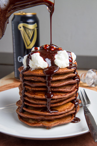 Bacon Guinness Chocolate Pancakes with a Frothy Whipped 
