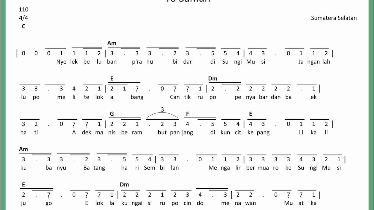 Lagu Daerah Sumatera Selatan Beserta Not Angka