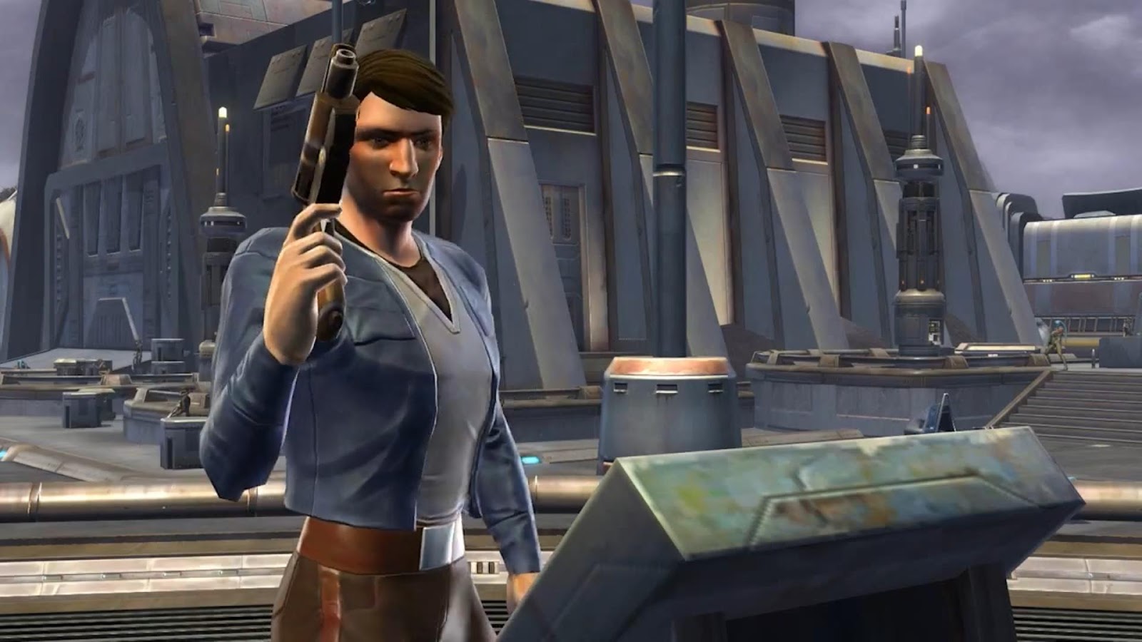 Opens with a very Han Solo-esque Smuggler in a Han-ish outfit - blue jacket...