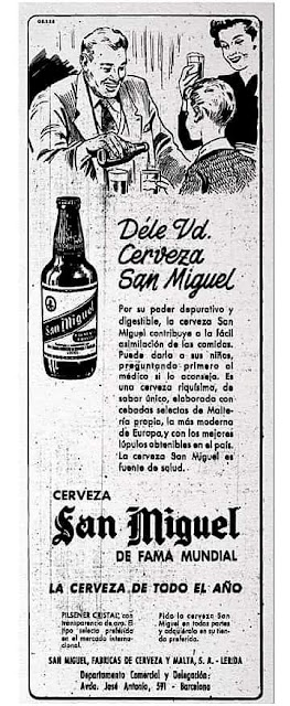 Déle Ud. cerveza San Miguel, de fama mundial. La cerveza de todo el año.