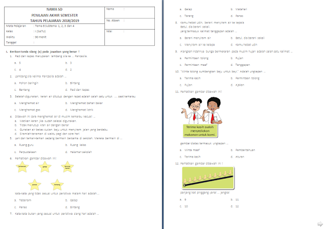 Soal Penilaian Akhir Semester (PAS) Kelas 1 SD/MI: Tema 8