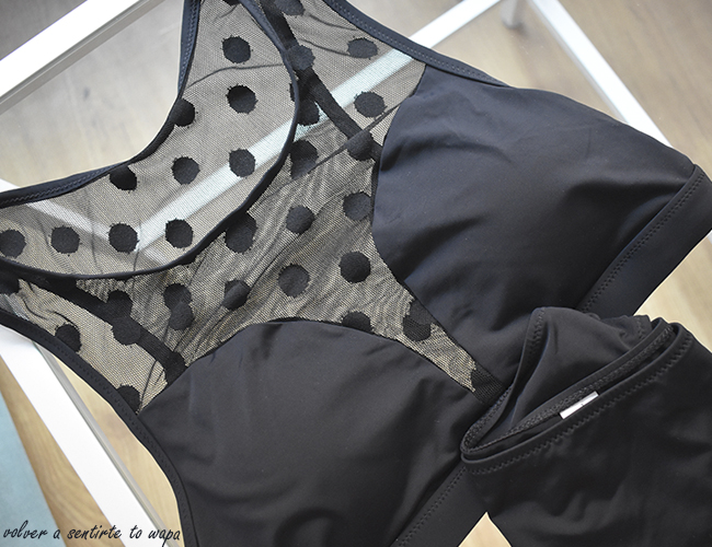 Bikini / sujetador negro transparente con lunares comprado en Carrefour