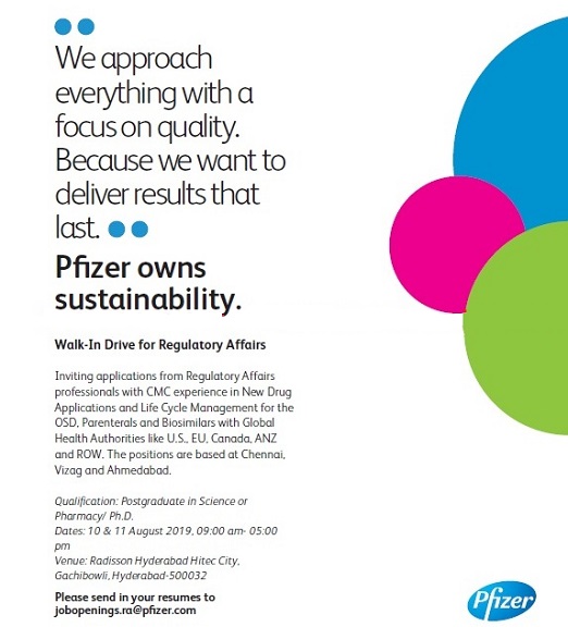 Pfizer WalkIn Interviews on 10th & 11th August 2019 Hyderabad