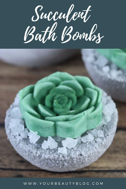 How to make cute DIY succulent bath bombs. These fake succulents would make a unique gift idea. This homemade bath bomb recipe is made with Epsom salt, baking soda, and essential oil and without cornstarch. It is full of fizzy bubbles when it hits the water.  Get ideas for home made bath bombs with a pretty succulent bath melt on top. I used the best bath bomb molds that are sturdy.  It's a plain circle mold, so there's no special one needed. #bathbomb #diy #succulent