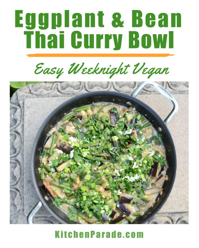 Eggplant & Bean Thai Curry Bowl ♥ KitchenParade.com, for a healthy vegan dinner with coconut milk, green curry paste and lime. Weeknight Easy. Low Carb. WW Friendly.