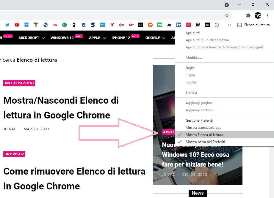 Opzione Mostra Elenco di lettura finalmente disponibile in Chrome