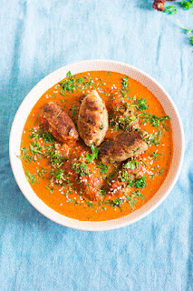 Raw banana plantain koftas in a coconut milk based spicy tangy gravy