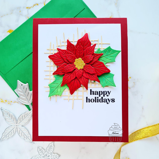 Christmas Poinsettia card, Paper layering Poinsettia Hero Arts , Burlap Texture die Altenew,  Classic Holiday Sentiment stamp Waffle Flower Crafts .