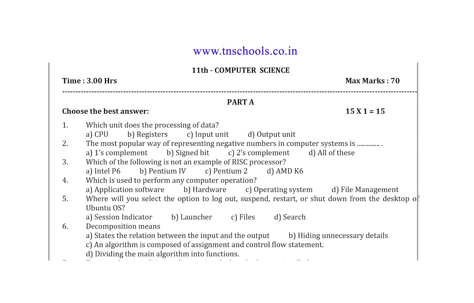 11th std Computer Science common public exam model question paper 2020
