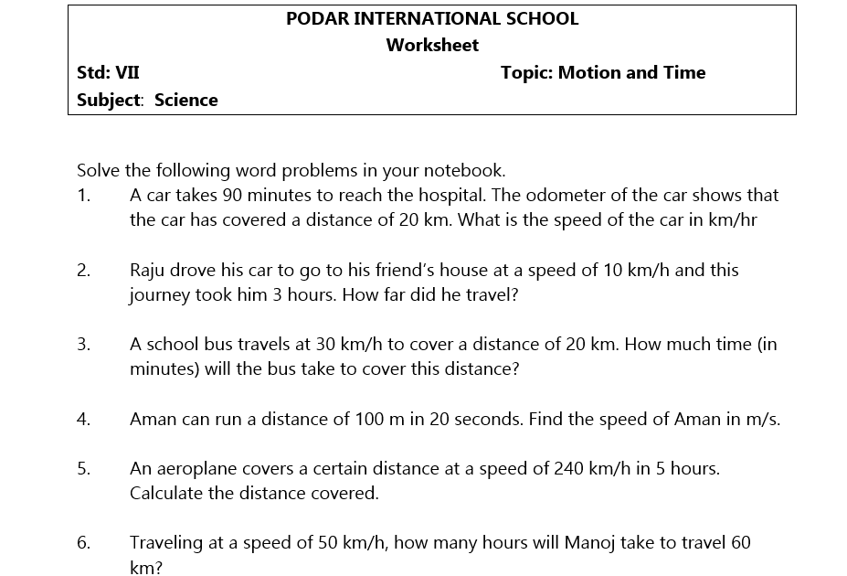 VII B SCIENCE 12 MOTION AND TIME (EXAMPLE WORKSHEET )