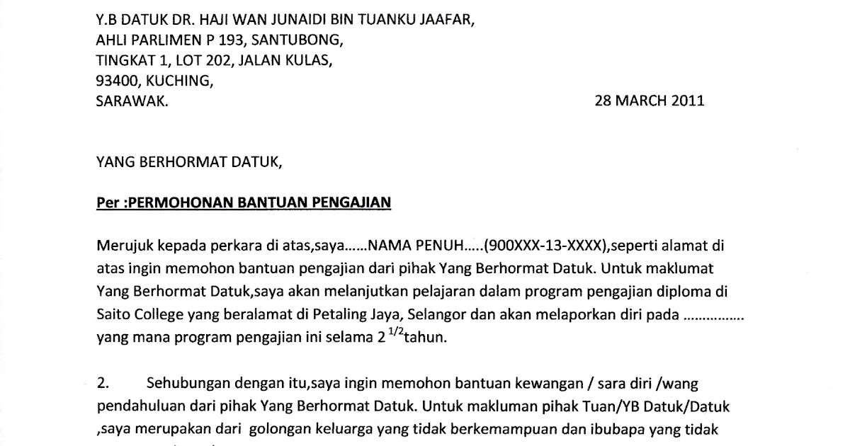 Contoh Surat Permohonan Bantuan Sara Hidup