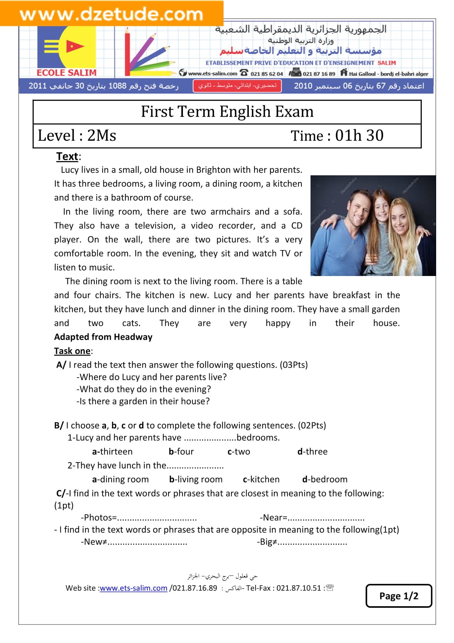 إختبار اللغة الانجليزية الفصل الأول للسنة الثانية متوسط - الجيل الثاني نموذج 6