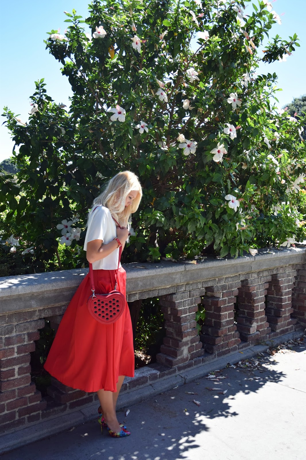 Midi skirt, red skirt, choies, crop top, flower heels