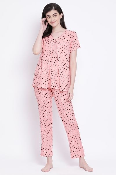 Clovia - Feeding Polka Print Layered Top & Pyjama in Peach- Rayon