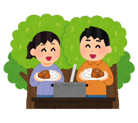 外でカレーを作る人達のイラスト